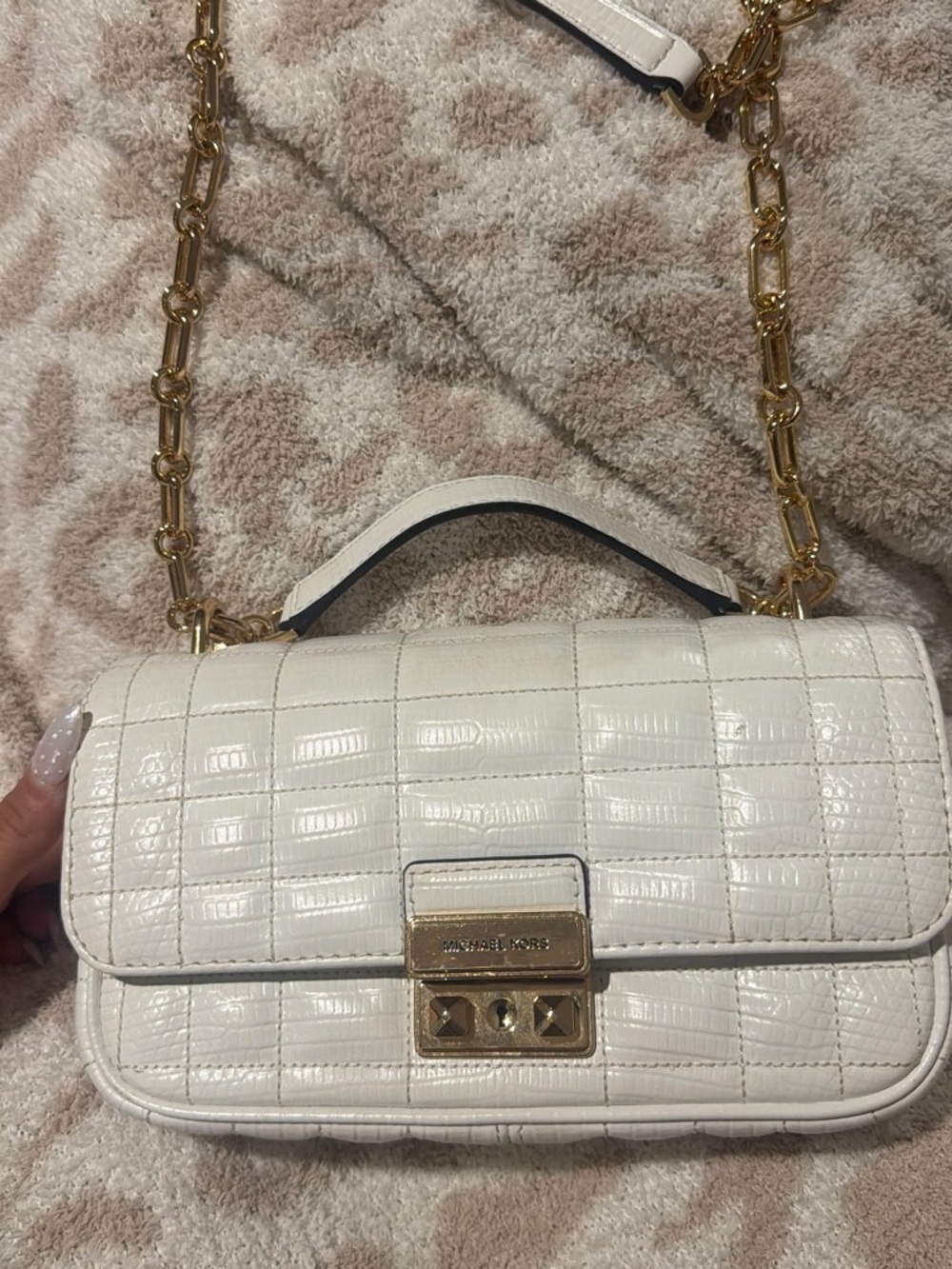 Michael Kors White Croc-Embossed Leather Crossbody with Gold Chain Strap